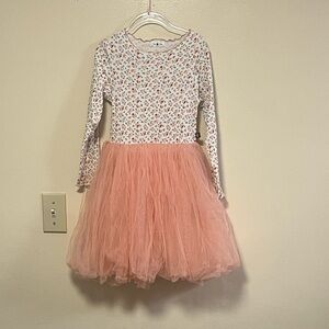 Floral Long-Sleeve Dress with Pink Tulle Skirt